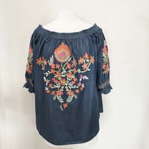 Monoreno Chambray Embroidered Blouse Size S